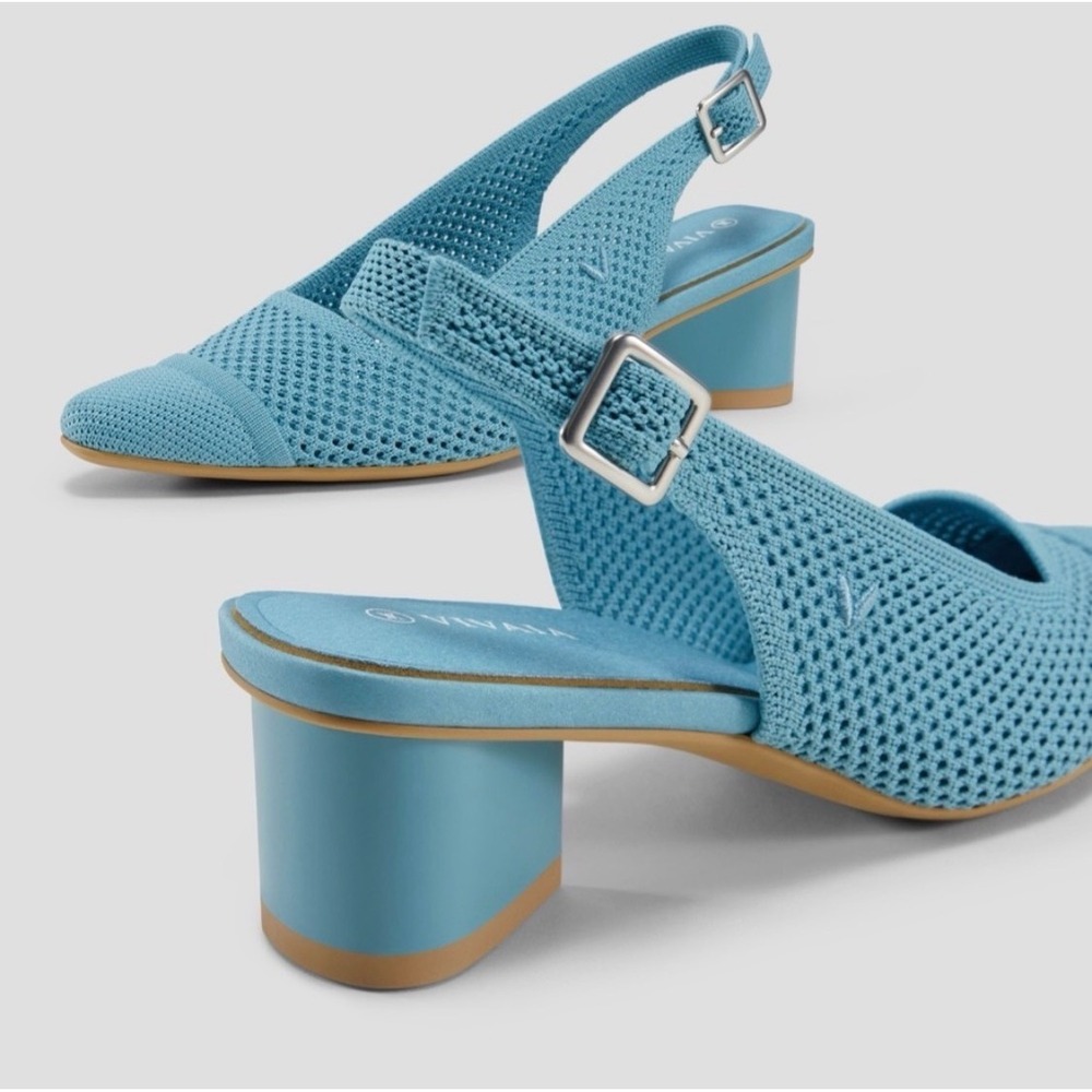 Vivaia Slingback Heel Women 40 Blue Pointed Toe Block Heel Knit Sustainable Pump - Picture 2 of 10